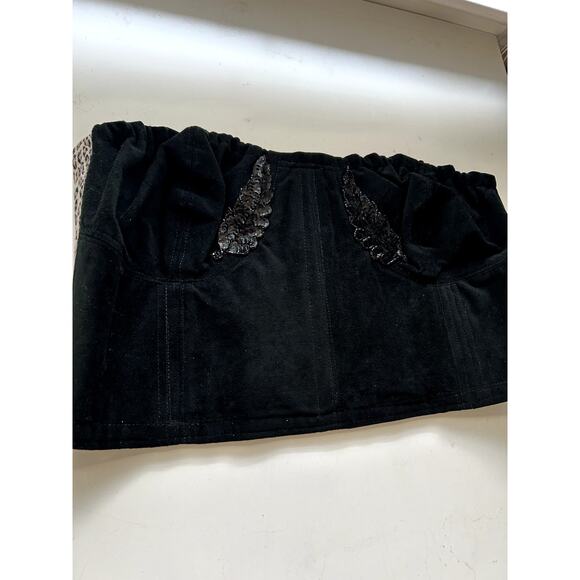 Made with Love by Mom Corset Crop Top Tube S/M Black Velvet Y2K Strapless Sequin - Picture 3 of 11